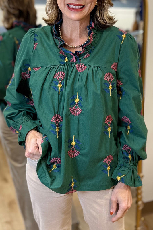 Embroidered Floral Ruffle Neck Blouse