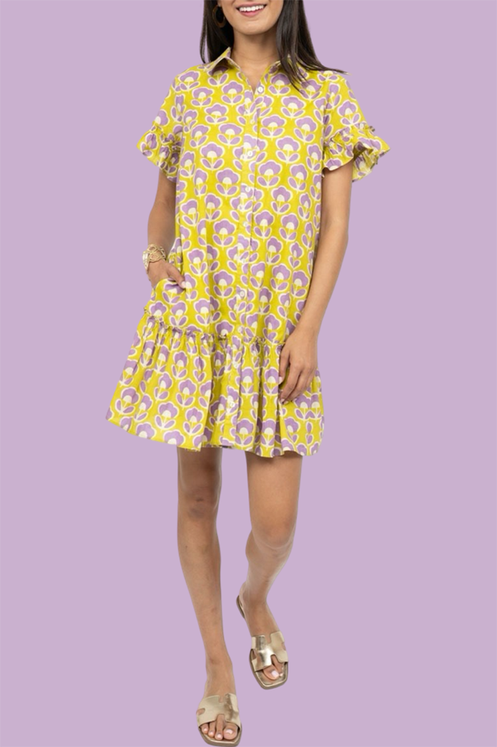 Floral Ruffles Button Pocket Dress