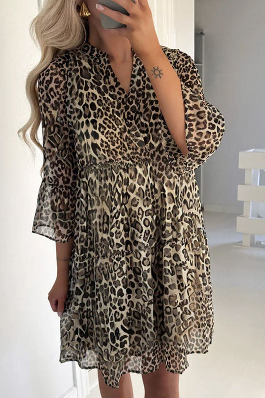 Leopard Print Relaxed Fit Notched Dress
