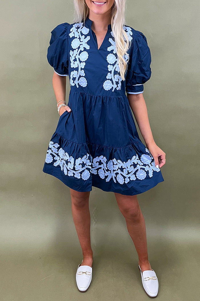 Pocketed Starry Florals Embroidered Mini Dress