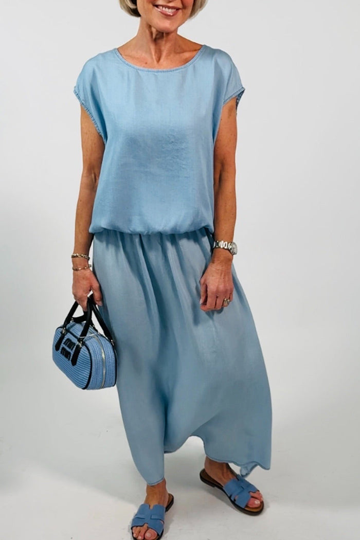 Denim Gathered Waist Cap Sleeve Maxi Dress