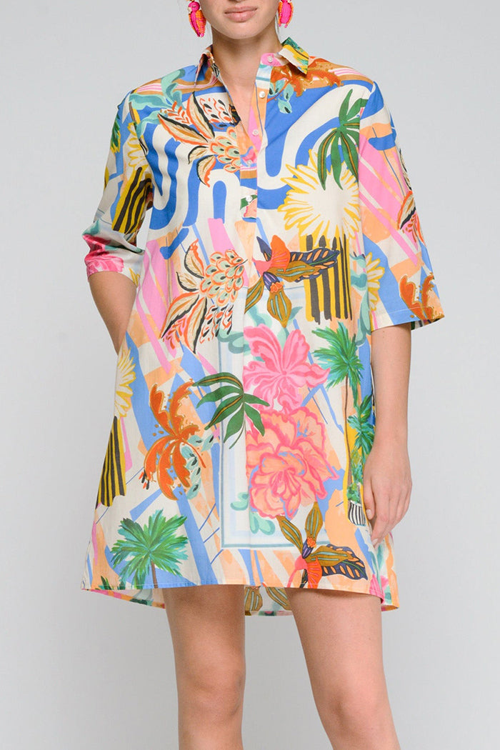 3/4 Sleeve Collared Tropical Printed Pocket Shirt Dress