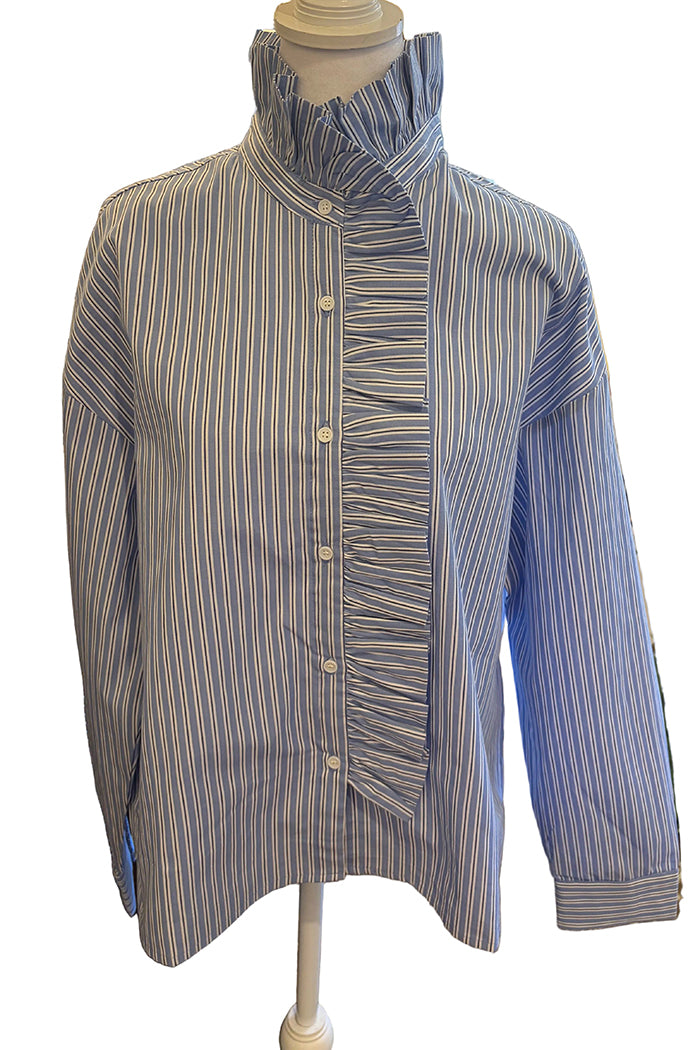 Blue Stripe Ruffled Long Sleeve Top