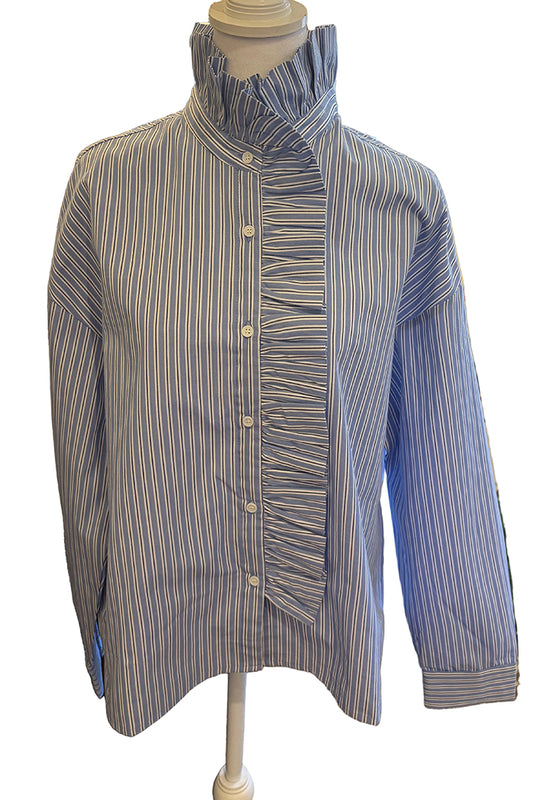 Blue Stripe Ruffled Long Sleeve Top