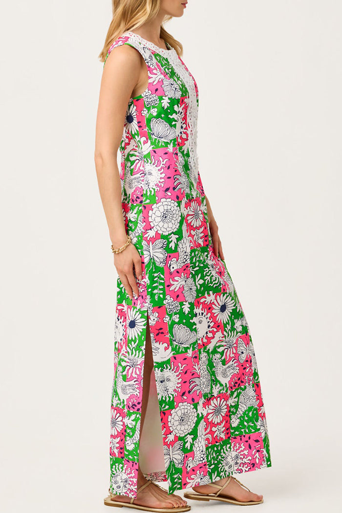 Crochet Trim Sleeveless Print Maxi Dress