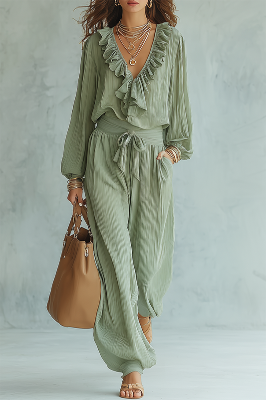 Ruffled Neck Belted Wide-Leg Set