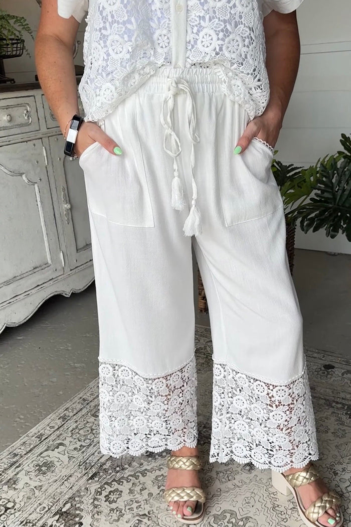 Off White Lace Hem Wide Leg Pants