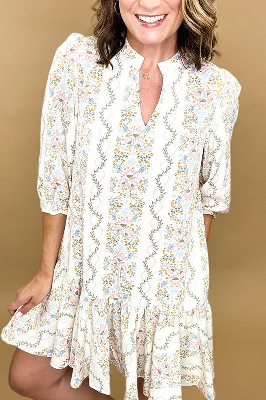 Floral Split Collar Ruffles Hem Pocket Dress