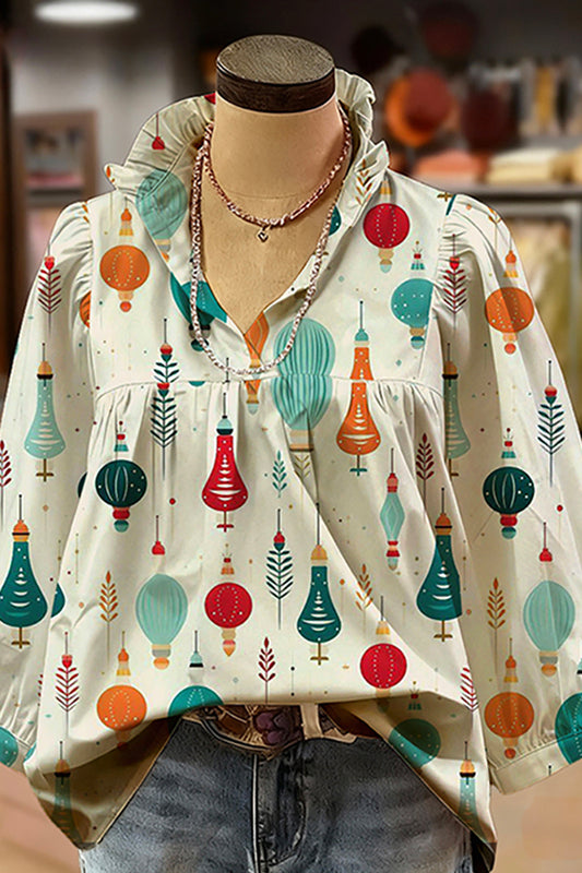Print Ruffled V-Neck Puff-Sleeve Blouse