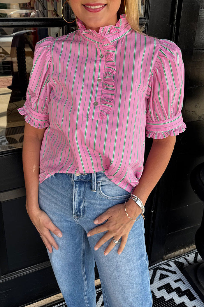Pink Striped Ruffled Puff Sleeve Top