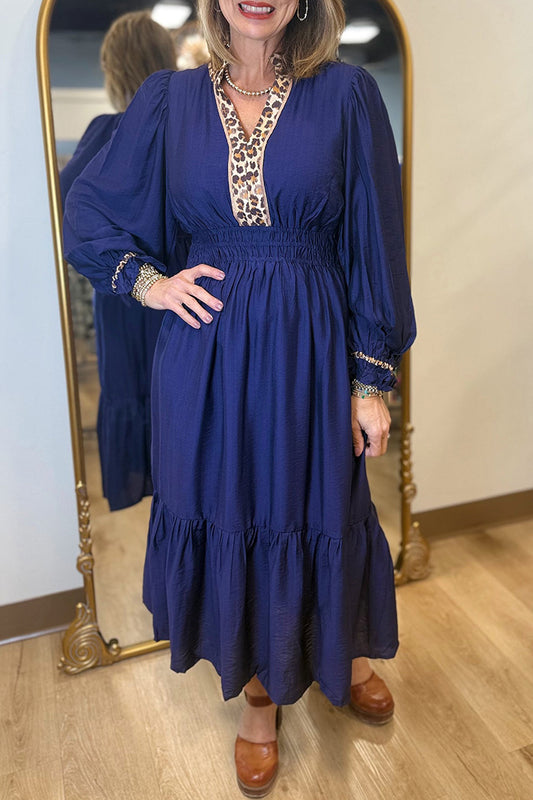 Leopard Trim Smocked Waist Midi Dress