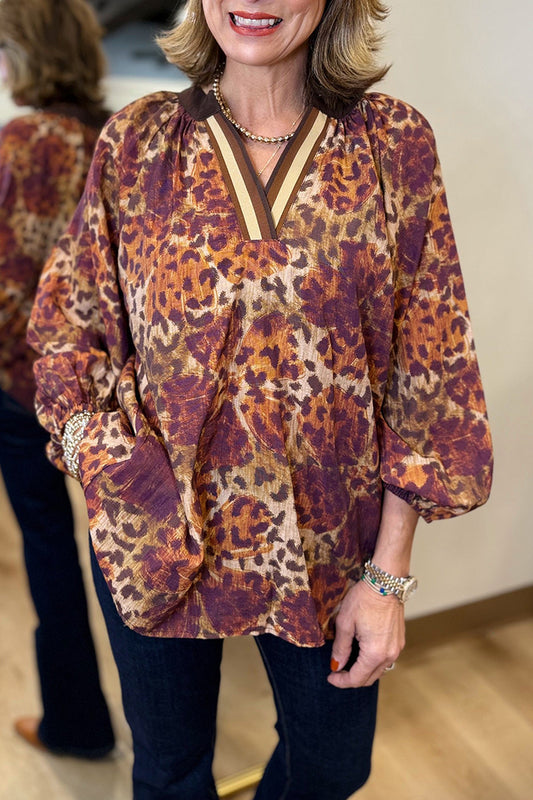 Animal Print Contrast Trim Blouse