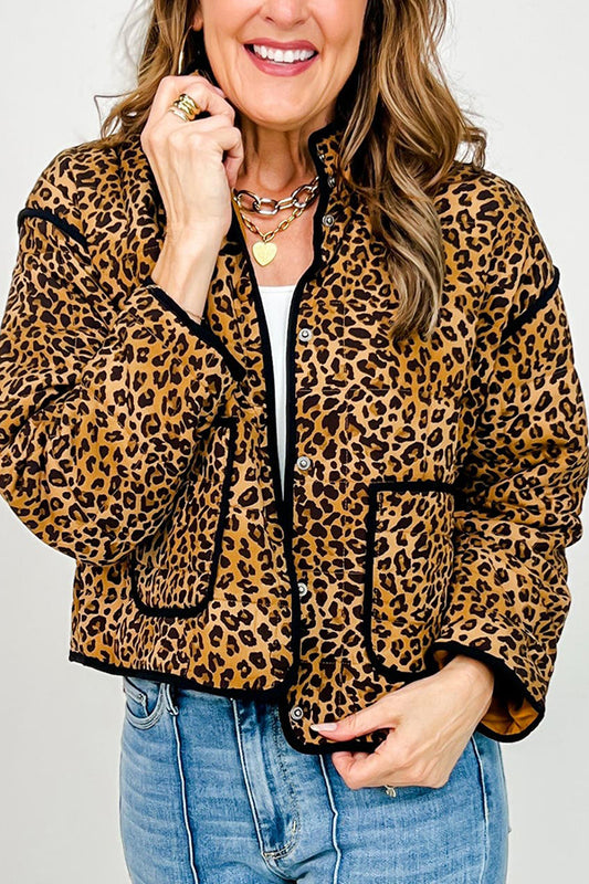 Quilted Leopard Button Down Puffer Jacket