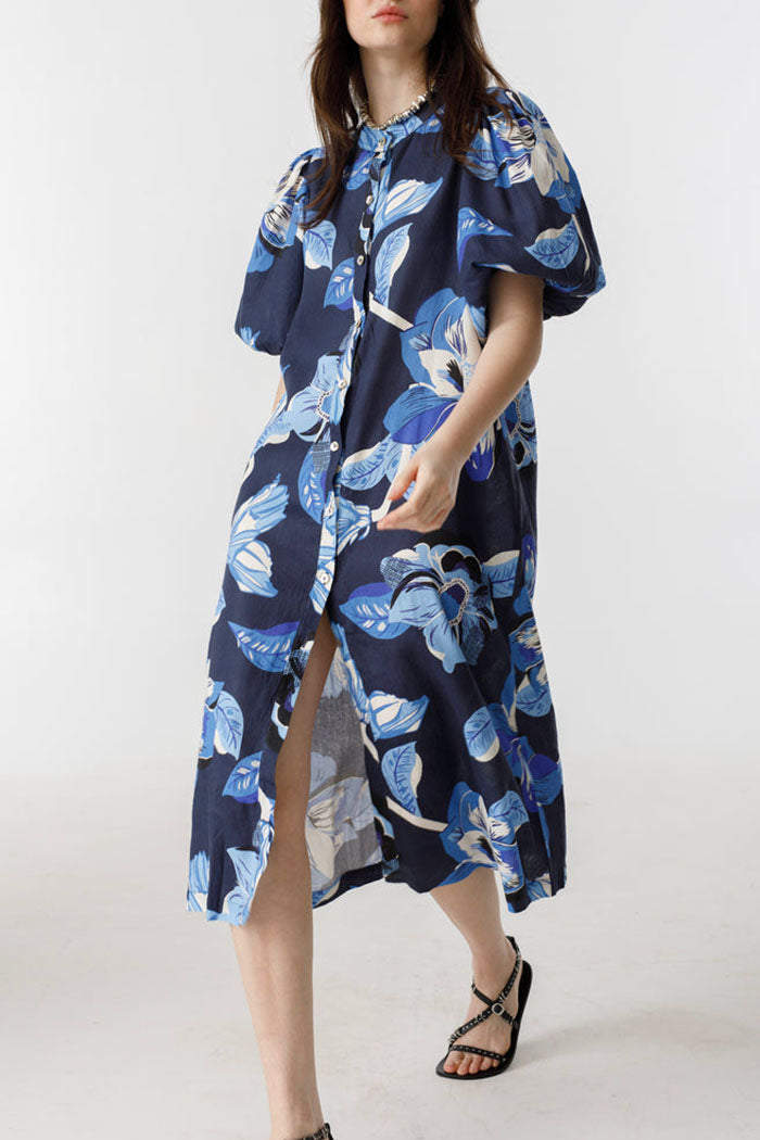 Floral Puff Sleeve Button Dress