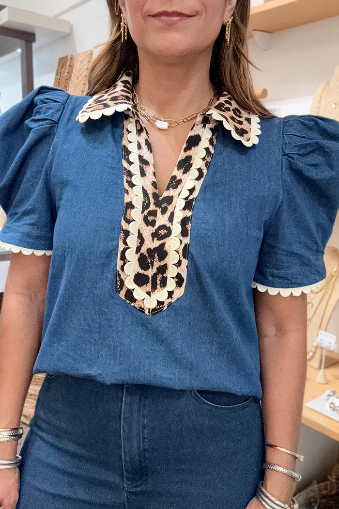 Denim Leopard Scalloped Trim Puff Sleeve Top