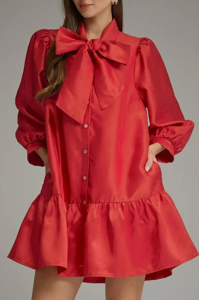Bow Neck Ruffle Shirt Dress