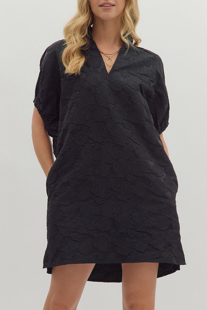 Pocketed Floral Jacquard Short Sleeve Mini Dress
