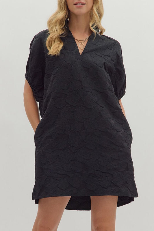 Pocketed Floral Jacquard Short Sleeve Mini Dress