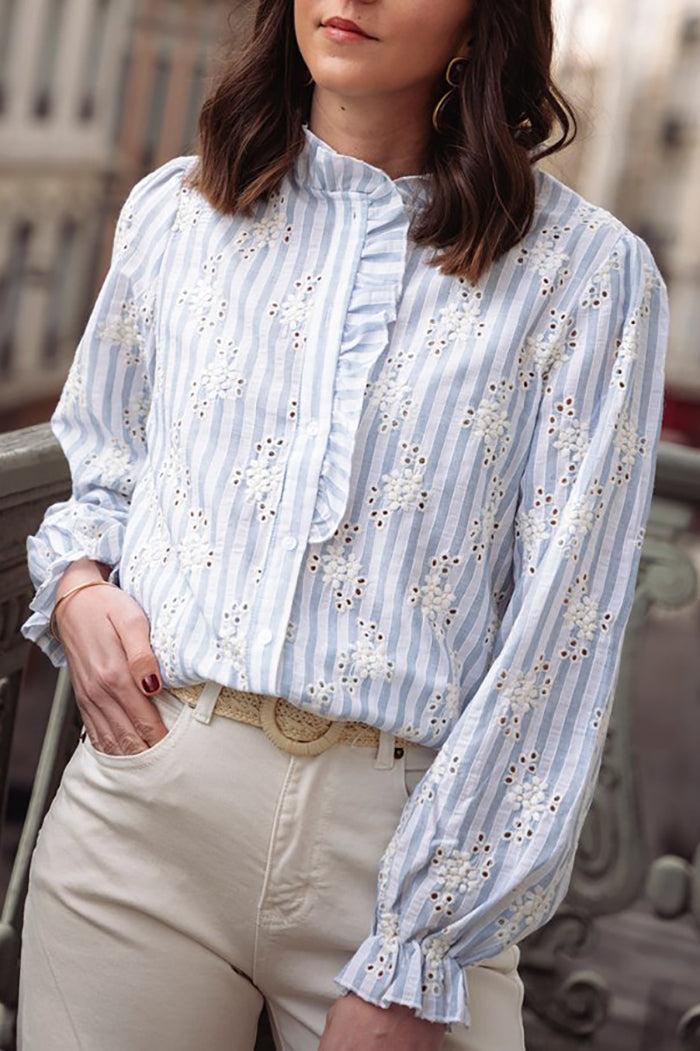 Ruffle Stand Collar Striped Top