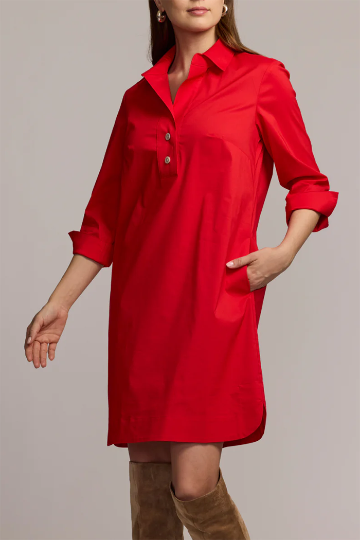 3/4 Sleeve Point Collar Pocket Shirt Dress