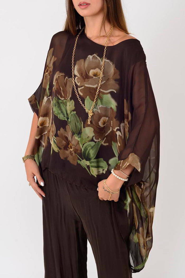 Vintage Floral Batwing Top Wide Leg Pant Set