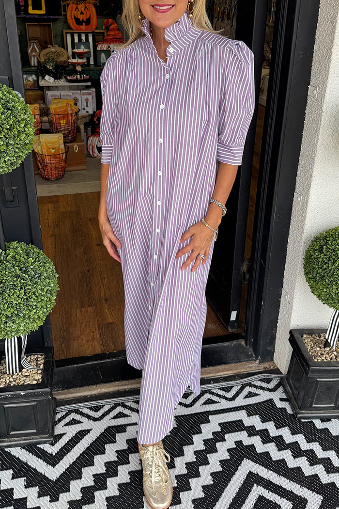 Ruffles Collar Pinstripe Dress
