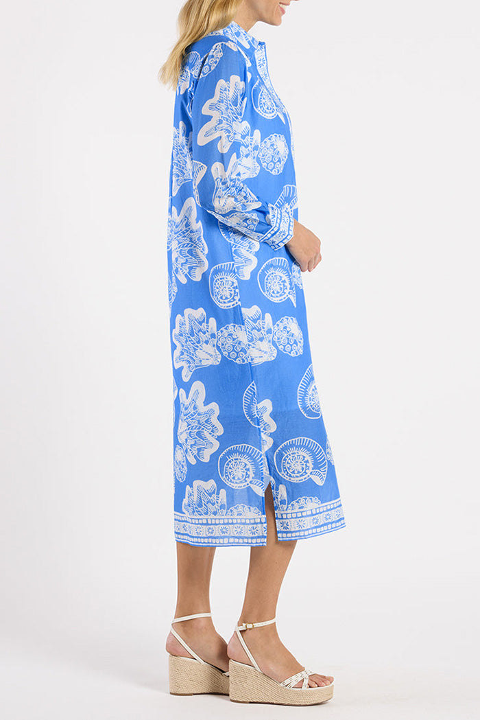 Shell Print Collared Long Sleeve Shirt Dress