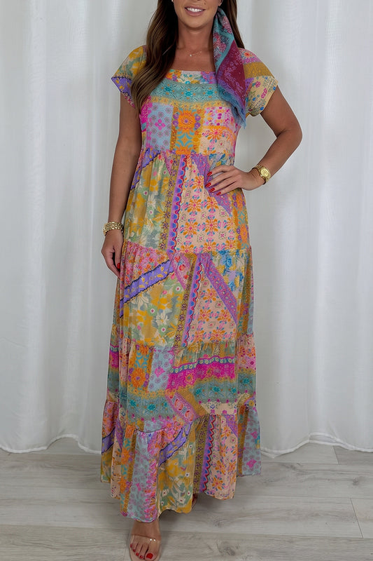 Patchwork Floral Tiered Maxi Dress