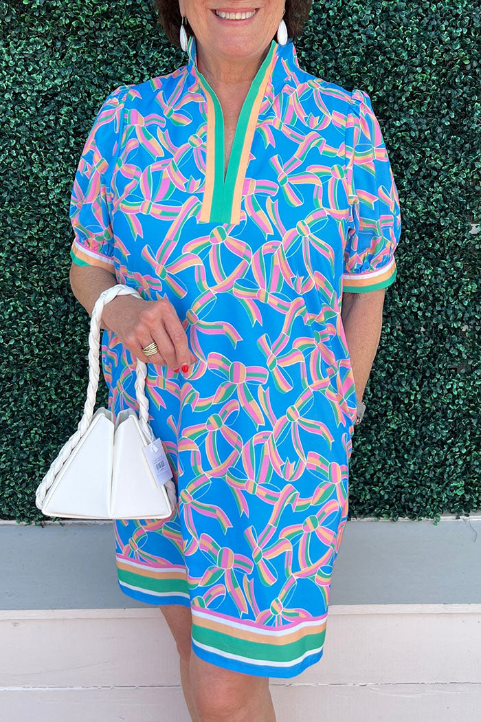 Stripe Trim Bow Print Pocket Dress