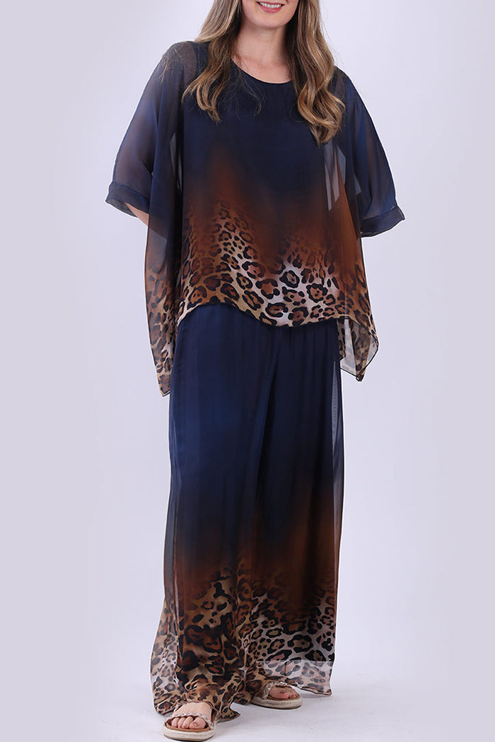 Leopard Layered Batwing Top Wide Leg Pants Set
