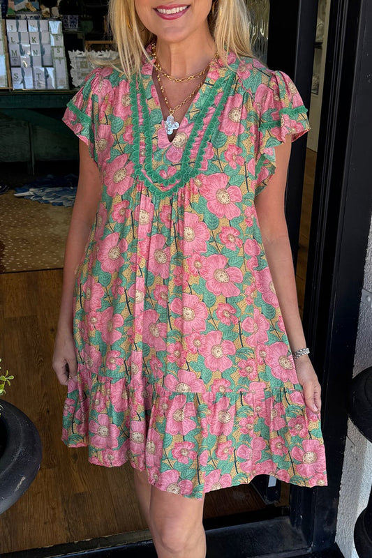 Floral Flutter Sleeve Ruffled Dress