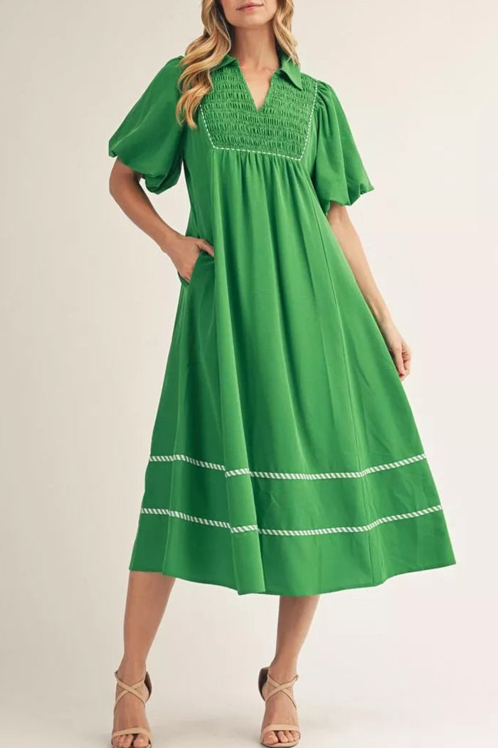 Smocked Puff Sleeve Pocket Midi Dress
