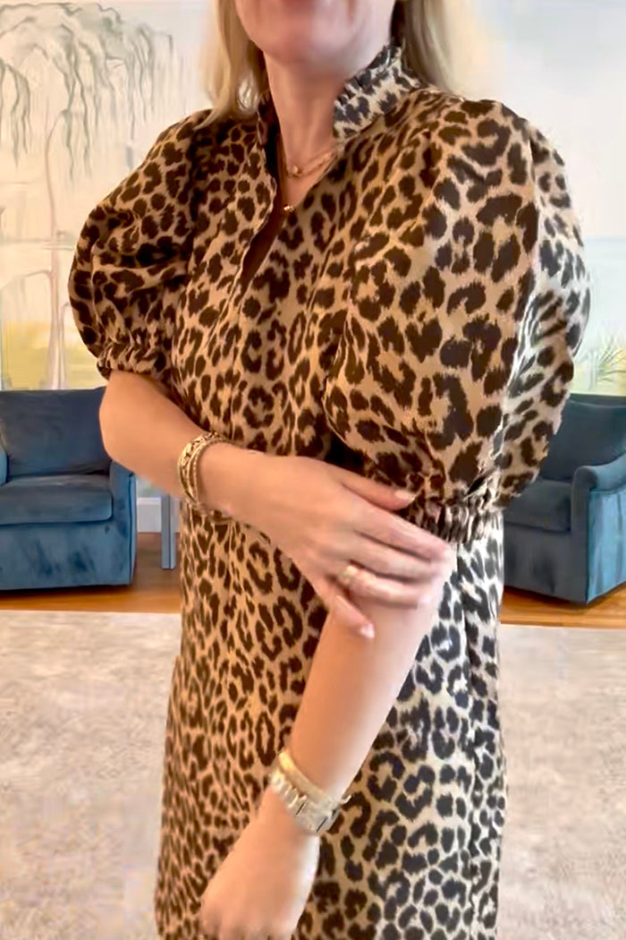 Leopard Print Puff Sleeve Pockets Dress