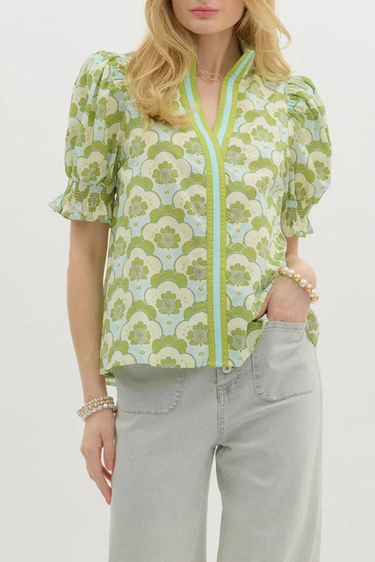 Floral Smocked Cuff Sleeve Top