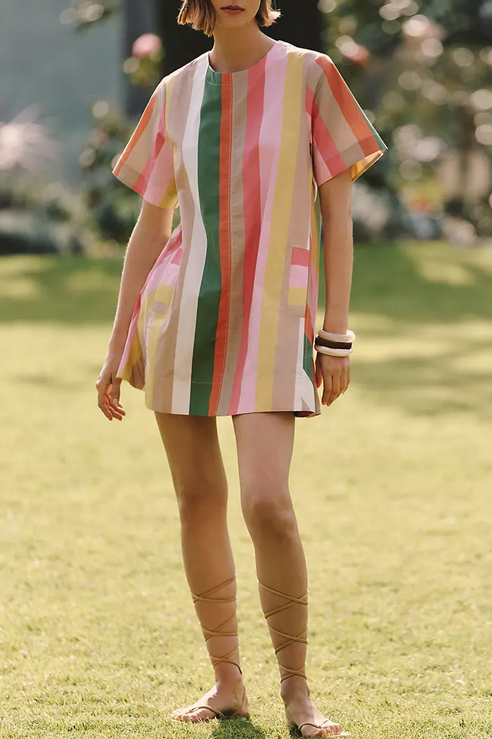 Multi Color Stripe Short Sleeve Shift Dress