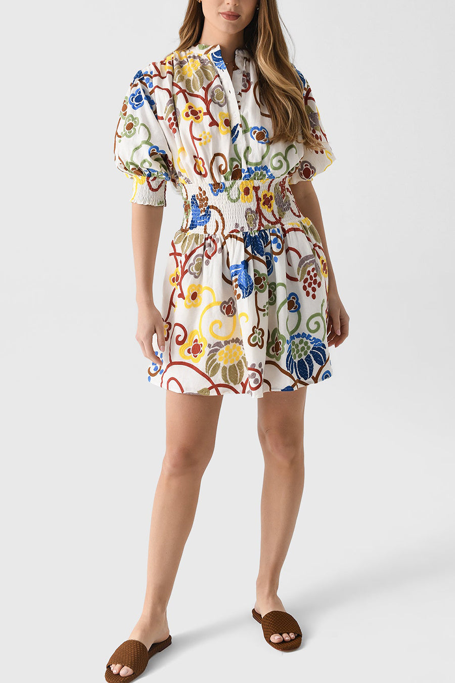 Floral Linen Lattering Ruched Waistline Dress