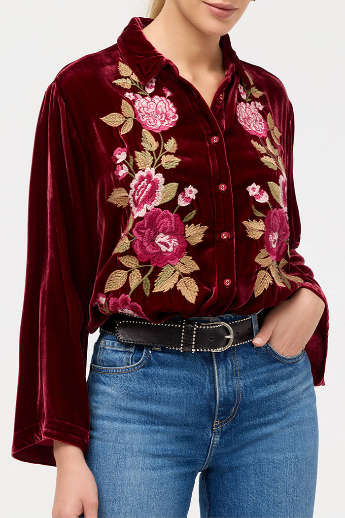 Velvet Rose Embroidery Button Top