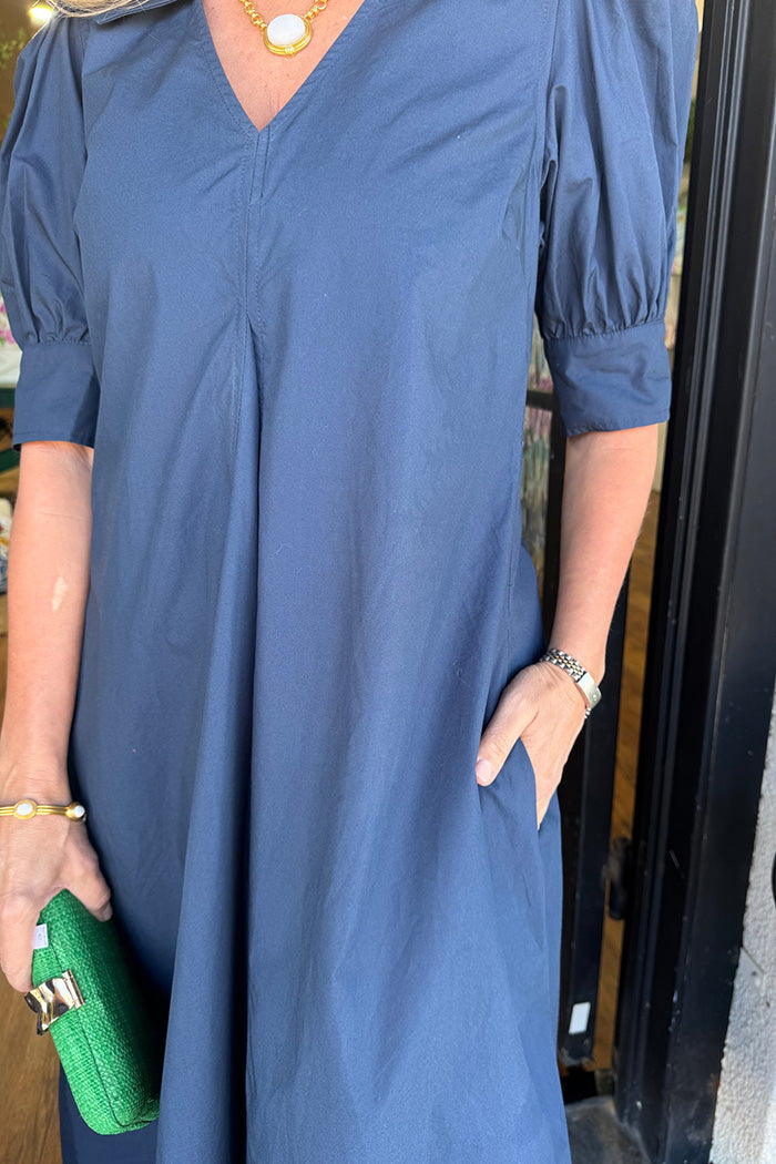 Navy Pocketed Puff Sleeve Midi Dress