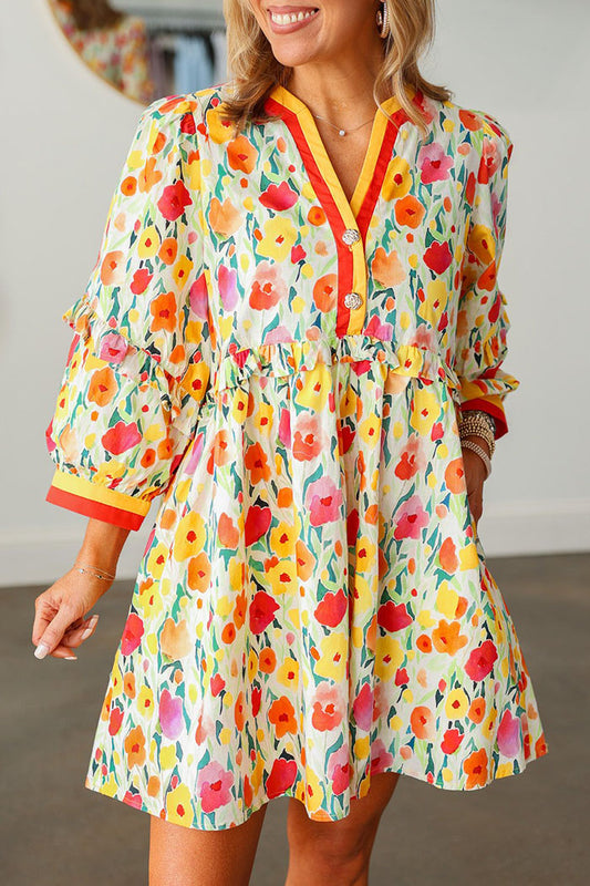 Stripe Trim Floral Pocket Dress