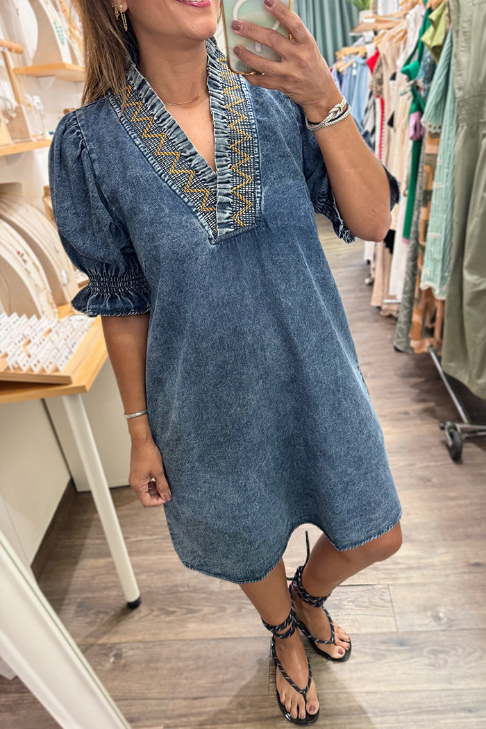 Acid Wash Puff Sleeve Denim Dress