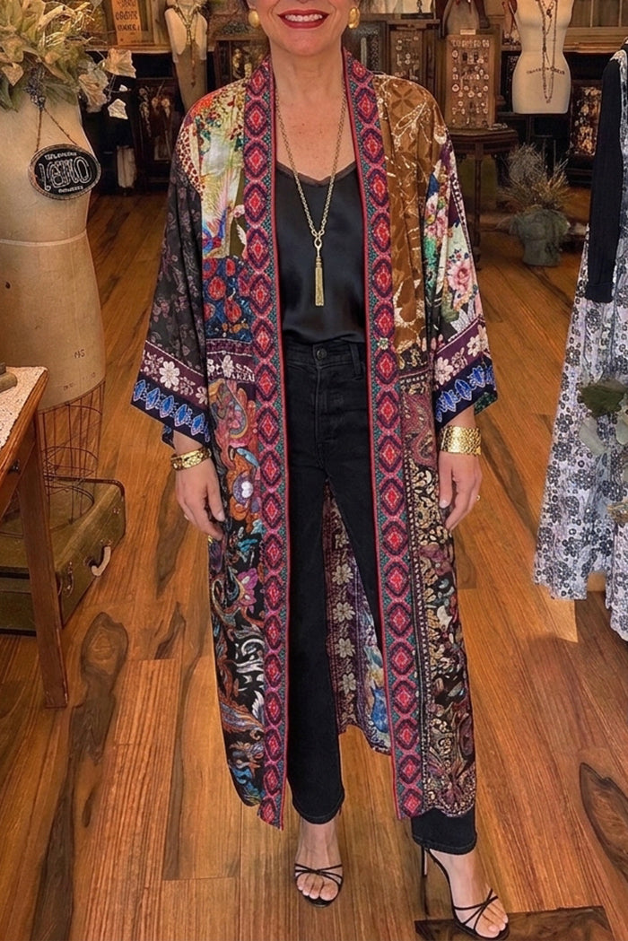 Reversible Patchwork Floral Long Silk Kimono