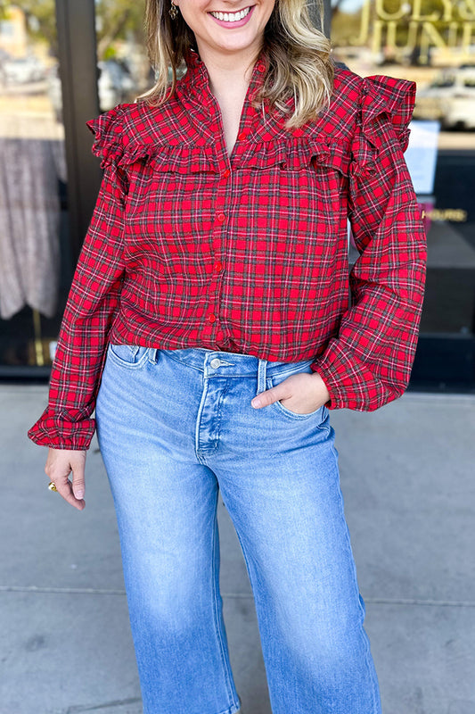 V-Neck Tartan Ruffle Blouse