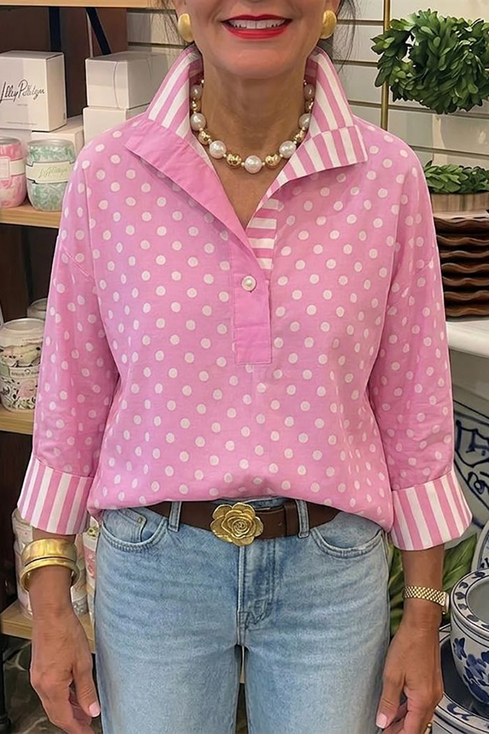Pink Polka Dot Striped Collar Popover Top