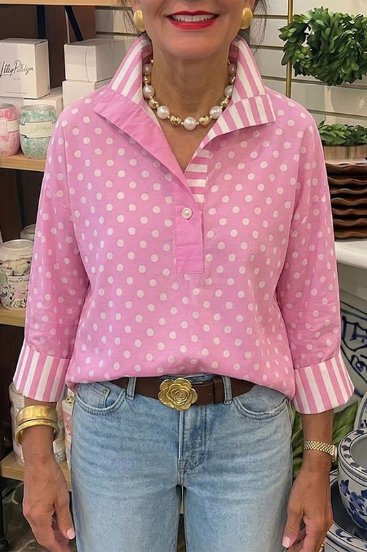 Pink Polka Dot Striped Collar Popover Top