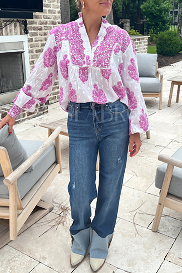 Casual Ruffles Collar Floral Top