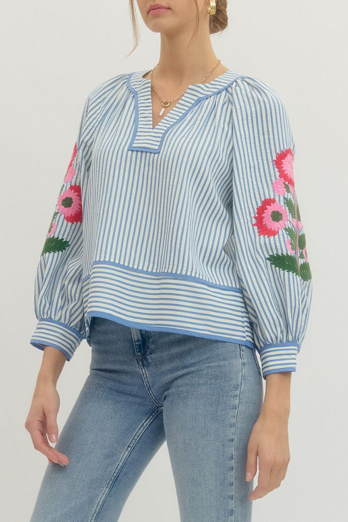 Stripe Floral Embroidered Top