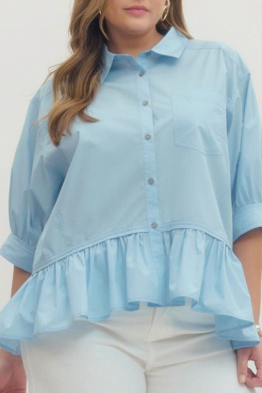 Solid 3/4 Sleeve Button-down Top
