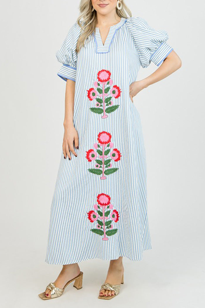 Striped Floral Embroidered Pocketed Maxi Dress