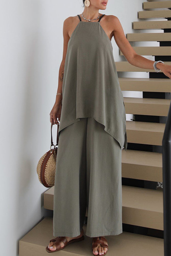Spaghetti Strap Back Slit Pocket Top Pant Set