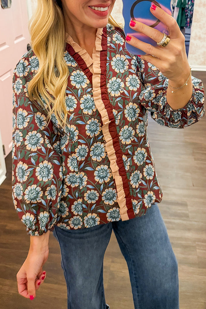 Ruffled V-Neckline Floral Top